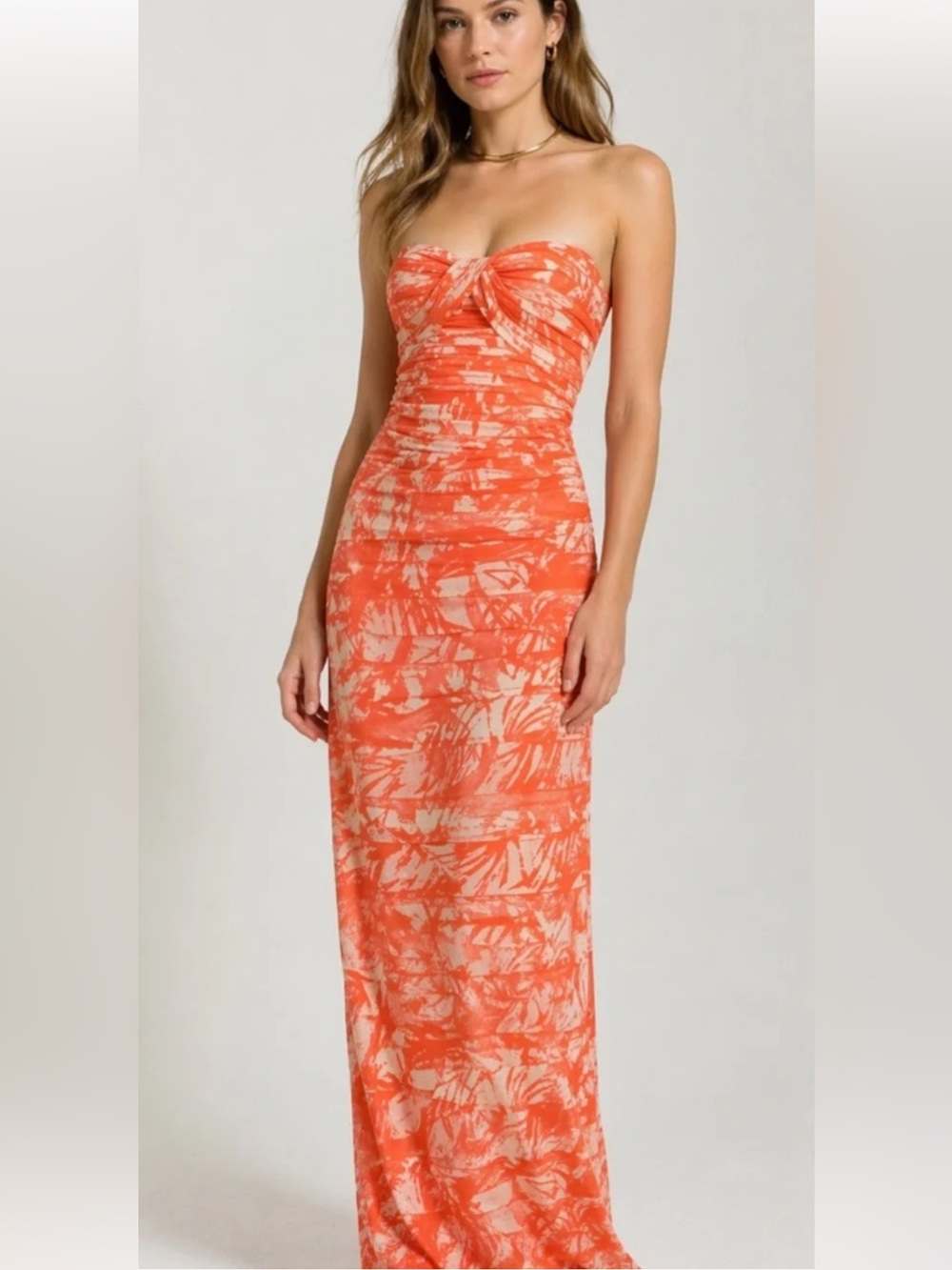 BCBGMaxazaria Erika Layered Mesh Maxi Dress Sleeveless Coral Reef Size 12